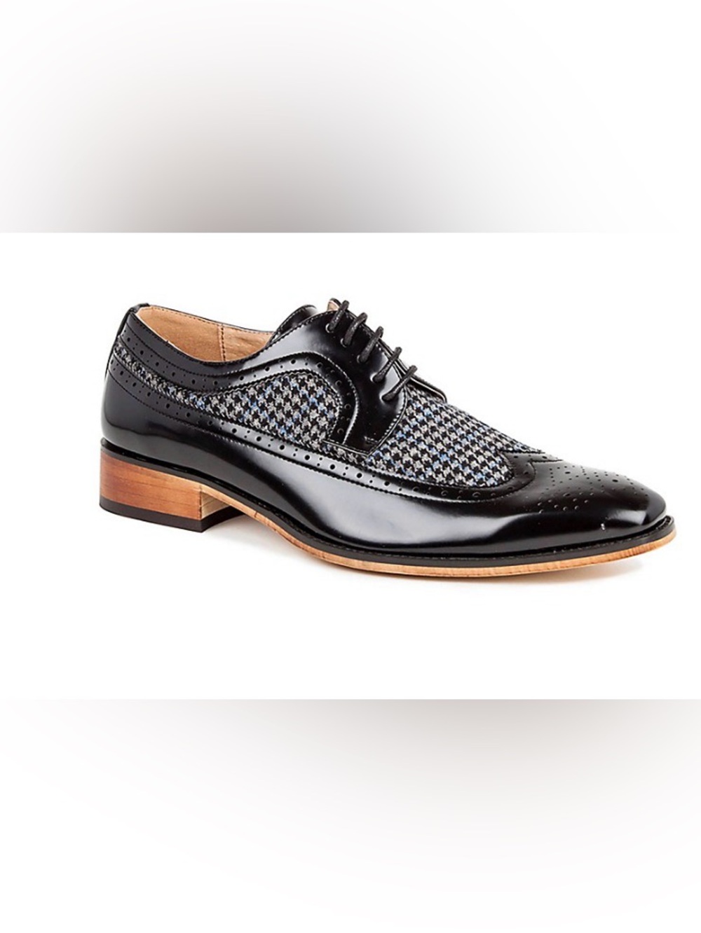 GINO VITALE Men's Black Leather Dress Oxford with Houndstooth Panel. NIB